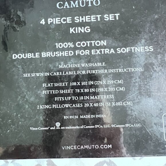Vince Camuto King 4-Piece Sheet Set 100% Cotton Double Brushed Fits 18" Mattress - Picture 4 of 4